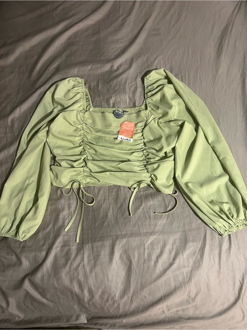 ARULA Light Green Ruched Square-Neck Crop Top